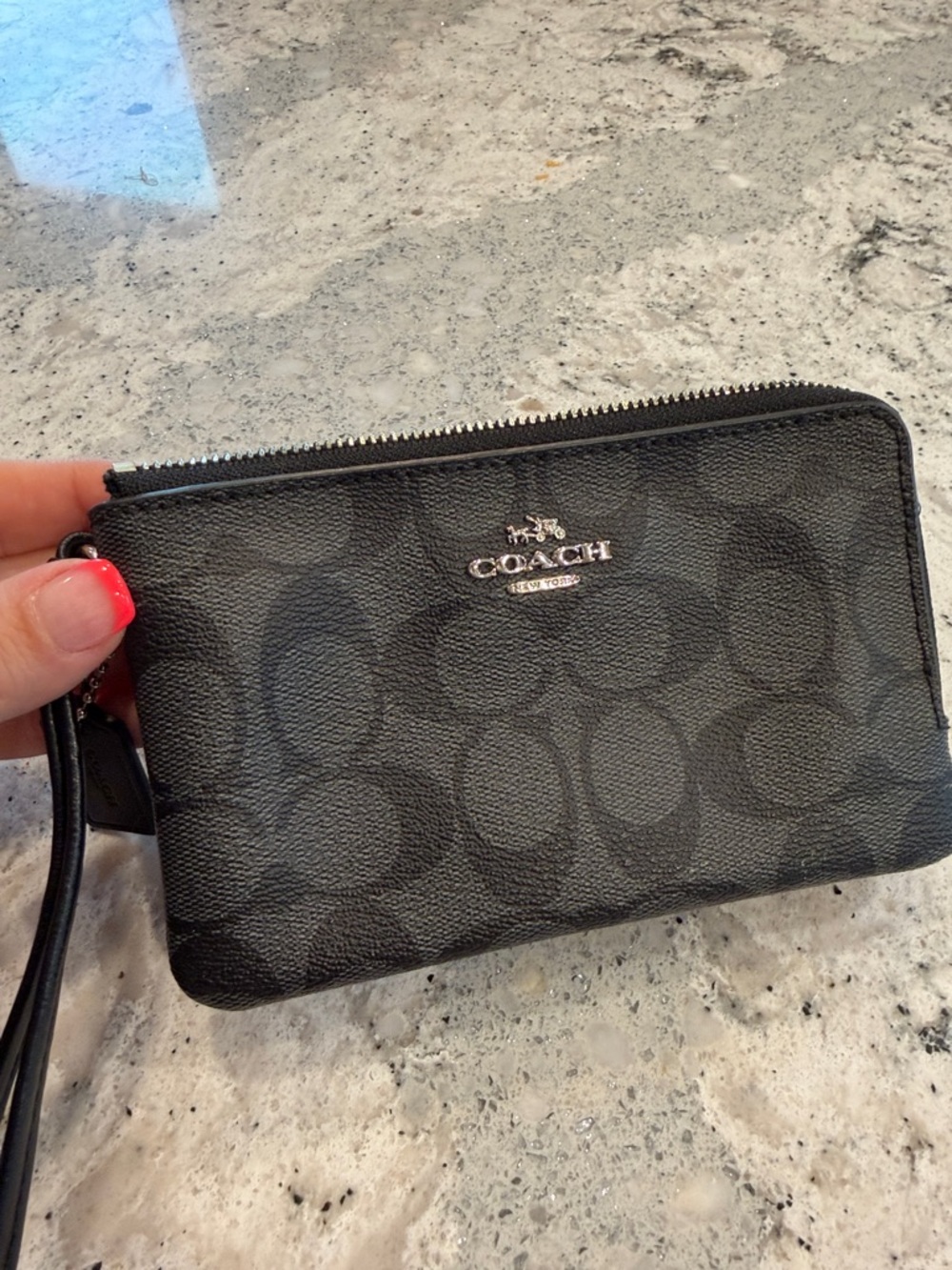 Coach Black Signature Zip Wristlet with Silver Logo